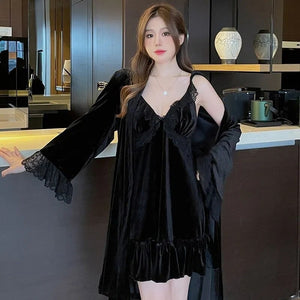 Pajamas For Women Sexy Sleepwear Black Warm Robe Lingerie Winter Sets Golden Velvet Thick 2pcs Nightgowns With Bra Nightdress