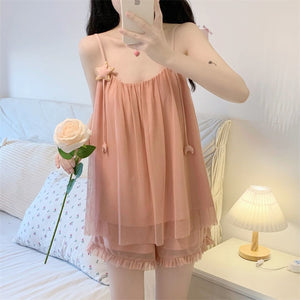 Pajamas Set Woman 2 Pieces Cute Star Suspenders Sleepwear Summer Pure Desire Wind Mesh Night Dress Home Wear Suit Female