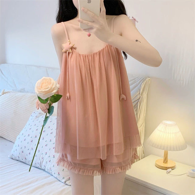 Pajamas Set Woman 2 Pieces Cute Star Suspenders Sleepwear Summer Pure Desire Wind Mesh Night Dress Home Wear Suit Female