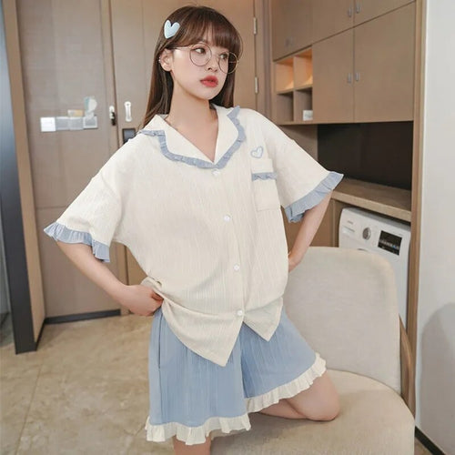 Pajamas Set Woman 2 Pieces Summer Sleepwear Breathable Sweet Cute Korean Version Short Sleeve Shorts Loose Home Wear Female Suit