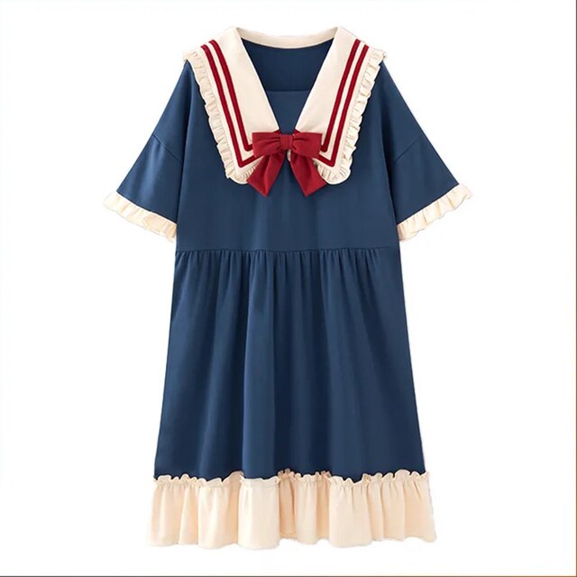 Pajamas Women'S Summer Set Short-Sleeved Suit New Princess Navy Style Sweet Kawaii Student Cartoon Ladies Bow Tie Home Clothes
