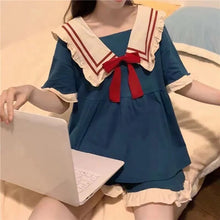 Load image into Gallery viewer, Pajamas Women&#39;S Summer Set Short-Sleeved Suit New Princess Navy Style Sweet Kawaii Student Cartoon Ladies Bow Tie Home Clothes