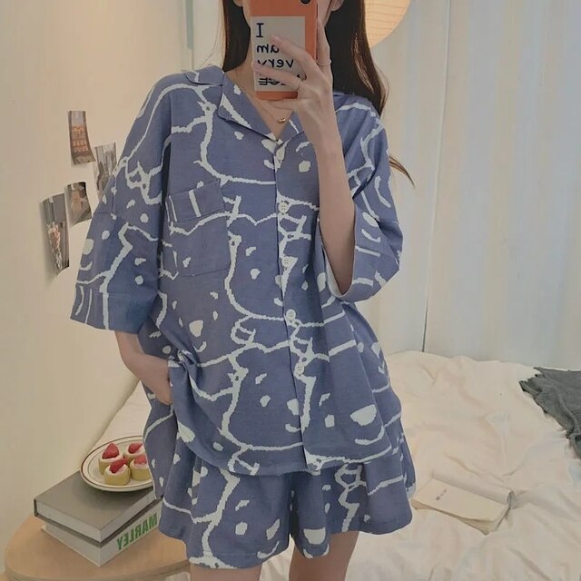 Pajamas Women Summer Bear Print Thin Can Be Worn Outside Cardigan Home Service Suit Two-Piece Set  Japanese Style Kawaii