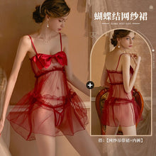 Load image into Gallery viewer, Pajamas for Women Bow Mesh Ruffles Sexy Lingerie Clothes Sleepwear Set Mesh Perspective Suspenders Skirt Lace Lingerie 18