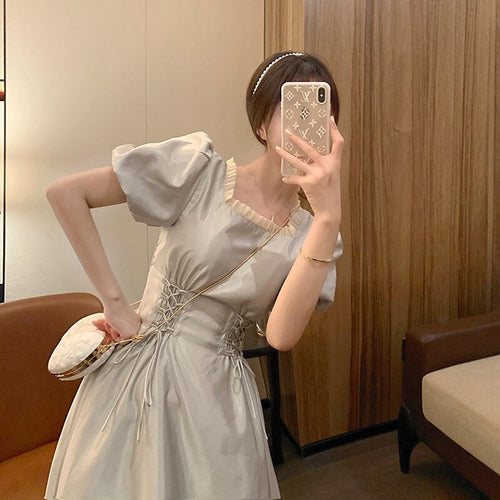 Palace Hepburn Style Puff Sleeve Princess Dress Summer French Gentle Wind Bandage Fairy Dress Mid-Length
