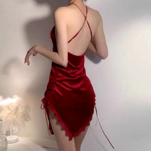Palace Style Sexy Sleepwear Velvet Beauty Back Strap Nightdress Lace Backless Bandage Night Dress Women Nightgowns Sleep Tops