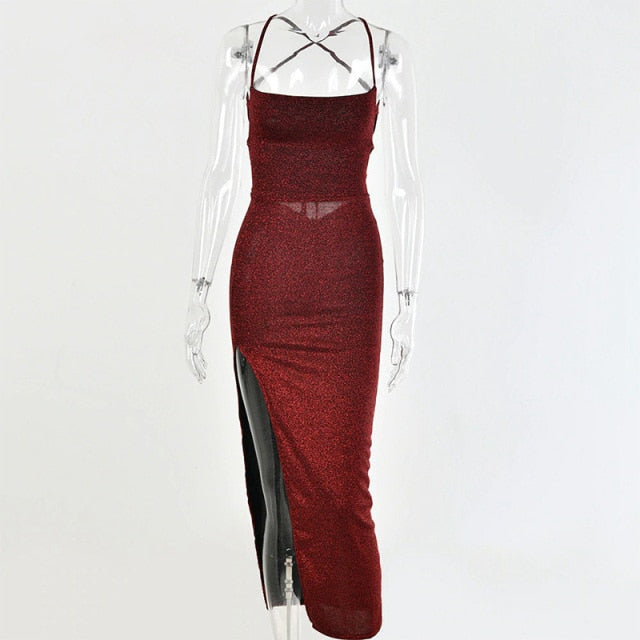 Party Dress Women Spaghetti Strap Backless Maxi Dress Bandage High Waist Split Bodycon Robe Elegant Vestidos Female Summer Dress