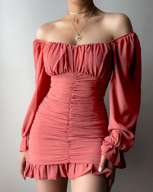 Party Dresses for Woman Ruffles Mini Bodycon Dress Off Shoulder Ruched Bell Sleeve Sexy Women Robe Solid Woman Clothes Vestidos