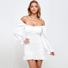 Load image into Gallery viewer, Party Dresses for Woman Ruffles Mini Bodycon Dress Off Shoulder Ruched Bell Sleeve Sexy Women Robe Solid Woman Clothes Vestidos