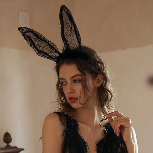 Party Headwear Plush Hair Hoop Sexy Lingerie Bunny Girl Cosplay Costumes Lace Mesh Big Ears Sex Accessories Headband for Adults