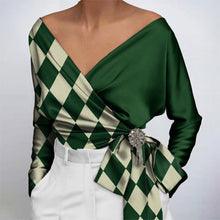 Load image into Gallery viewer, Party Shirts 2022 VONDA Women Long Sleeve Deep V Neck Blouse Casual Belted Plaid Tops Spring Office Ladies Blusas Femininas