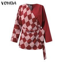 Load image into Gallery viewer, Party Shirts 2022 VONDA Women Long Sleeve Deep V Neck Blouse Casual Belted Plaid Tops Spring Office Ladies Blusas Femininas