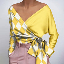 Load image into Gallery viewer, Party Shirts 2022 VONDA Women Long Sleeve Deep V Neck Blouse Casual Belted Plaid Tops Spring Office Ladies Blusas Femininas