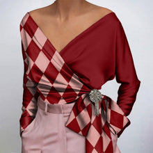 Load image into Gallery viewer, Party Shirts 2022 VONDA Women Long Sleeve Deep V Neck Blouse Casual Belted Plaid Tops Spring Office Ladies Blusas Femininas