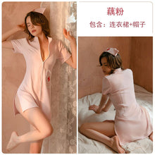 Load image into Gallery viewer, Passion Hot Deep V-neck Zipper Side Split Short Sleep Dress Nightdress With Hat For Women Erotic Cosplay Slutty Nurse Uniform