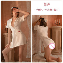 Load image into Gallery viewer, Passion Hot Deep V-neck Zipper Side Split Short Sleep Dress Nightdress With Hat For Women Erotic Cosplay Slutty Nurse Uniform