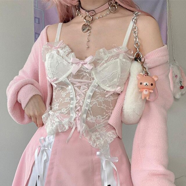 Pastel Gothic Harajuku Lace Cute Women Camis Lolita Sweet See Through Sexy Bandage Crop Tops White Bow Ruffles Clothes E Girl