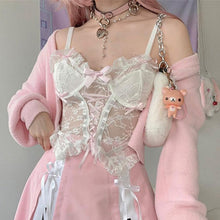Load image into Gallery viewer, Pastel Gothic Harajuku Lace Cute Women Camis Lolita Sweet See Through Sexy Bandage Crop Tops White Bow Ruffles Clothes E Girl