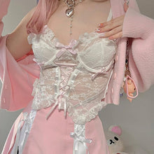 Load image into Gallery viewer, Pastel Gothic Harajuku Lace Cute Women Camis Lolita Sweet See Through Sexy Bandage Crop Tops White Bow Ruffles Clothes E Girl