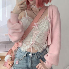 Load image into Gallery viewer, Pastel Gothic Harajuku Lace Cute Women Camis Lolita Sweet See Through Sexy Bandage Crop Tops White Bow Ruffles Clothes E Girl