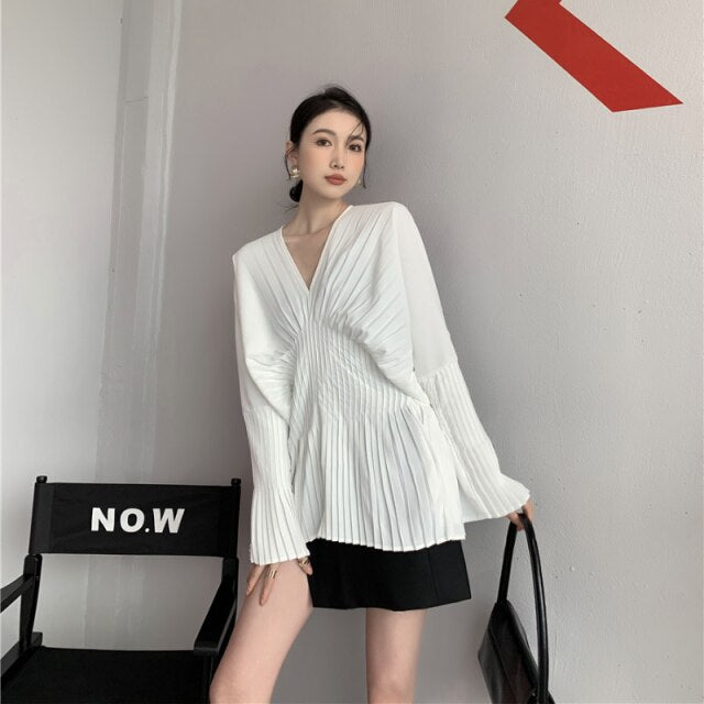 Patchwork V Neck Long Sleeve Design Dress for Women Simple Slim Waist All Match Vestido De Mujer A Line Solid High Street Robe