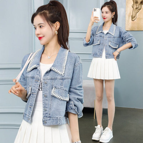 Pearl Denim Jacket Short Elegant 2022 Spring Autumn Jeans Jacket Coat Woman Hole Women Basic Coats Korea Style Light Blue Cute