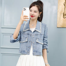 Load image into Gallery viewer, Pearl Denim Jacket Short Elegant 2022 Spring Autumn Jeans Jacket Coat Woman Hole Women Basic Coats Korea Style Light Blue Cute