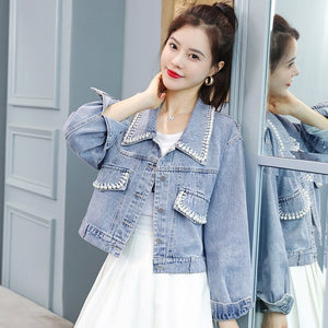 Pearl Denim Jacket Short Elegant 2022 Spring Autumn Jeans Jacket Coat Woman Hole Women Basic Coats Korea Style Light Blue Cute