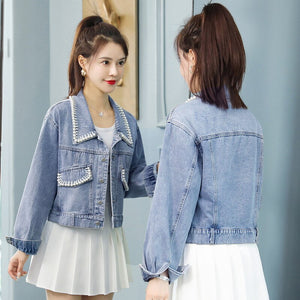 Pearl Denim Jacket Short Elegant 2022 Spring Autumn Jeans Jacket Coat Woman Hole Women Basic Coats Korea Style Light Blue Cute