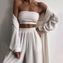 Load image into Gallery viewer, Piece Sets Homewear Fashion Casual Lantern Sleeve Cardigan Tops+Wide Leg Pants Suits Lady Spring Soft Three Piece Outfit
