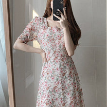 Load image into Gallery viewer, Pink Chiffon Elegant Print Floral Dress Women Summer Sweet Patchwork Dress Female Casual Party Holiday Outdoor Korean Dress 2021