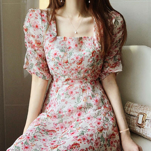 Pink Chiffon Elegant Print Floral Dress Women Summer Sweet Patchwork Dress Female Casual Party Holiday Outdoor Korean Dress 2021