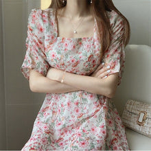 Load image into Gallery viewer, Pink Chiffon Elegant Print Floral Dress Women Summer Sweet Patchwork Dress Female Casual Party Holiday Outdoor Korean Dress 2021