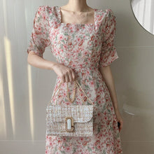 Load image into Gallery viewer, Pink Chiffon Elegant Print Floral Dress Women Summer Sweet Patchwork Dress Female Casual Party Holiday Outdoor Korean Dress 2021