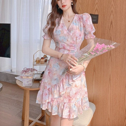 Pink Elegant Floral Dresses Women Vintage Kawaii V-Neck Sexy Mini Sweet Dresses Designer Slim Pretty Party Dresses Summer 2021