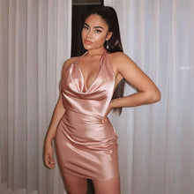 Load image into Gallery viewer, Pink Halter Neck Bodycon Sexy Satin Dress Women Elegant Backless Silk Party Mini Dresses Casual Short Dress 2021 Summer Black