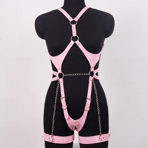 Pink Sexy Body Leather Harness BDSM Bondage Woman Fashion Harness Garter Belt Leather Bra Top Fetish Leg Chain Lingerie