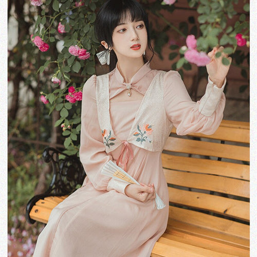 Pink Vestido Sweet Stand-up Collar Design Sense Hollow Chiffon Dress Fall Long Sleeved Flower Embroidery Elegant Romantic Dress