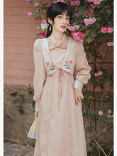Load image into Gallery viewer, Pink Vestido Sweet Stand-up Collar Design Sense Hollow Chiffon Dress Fall Long Sleeved Flower Embroidery Elegant Romantic Dress