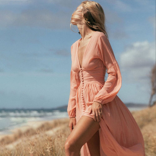 Pink Women Boho Maxi Dress Party Sexy Long Sleeve Button Holiday Bohemian Long Dresses 2021 Spring Summer Casual Streetwear Robe