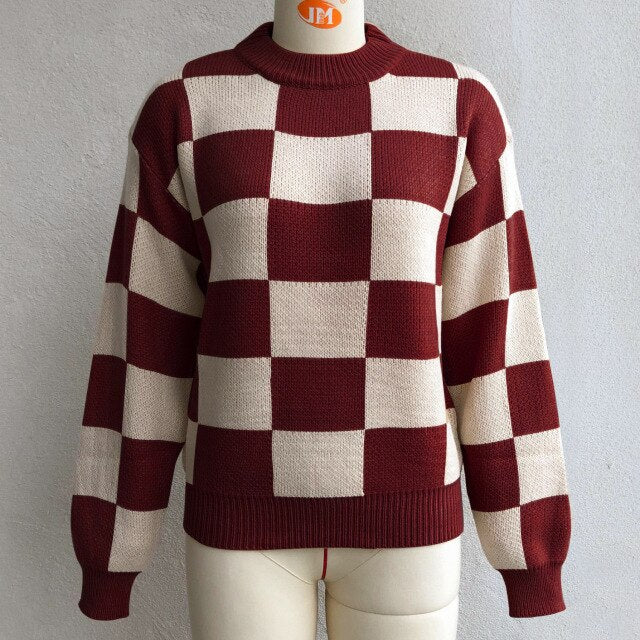 Plaid Sweater Women Knitted Pullovers Sweatrs Long Casual Loose Knitting Shirts Female Jumpers 2021 Autumn Winter