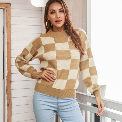 Plaid Sweater Women Knitted Pullovers Sweatrs Long Casual Loose Knitting Shirts Female Jumpers 2021 Autumn Winter