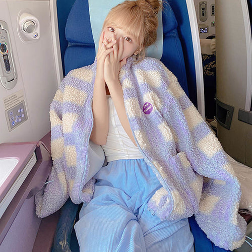 Plaid Sweet Furl Coat Women Warm Winter Trend Coats and Jakets Female Loose Japanese Style Kawaii Korean Overcoat Women 2020 New