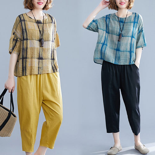 Plaid top 2 Piece Set Outfits for Women Fashion Matching Co-ord Set Plus Size and Pant Suits 2021 Summer Designer Clothing