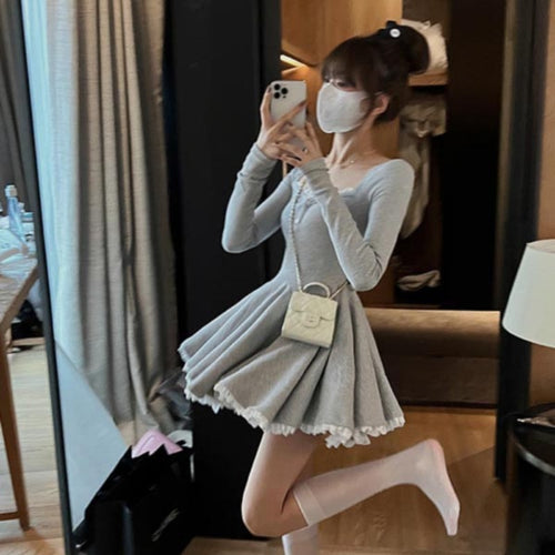 Pleated Dress Harajuku Women Y2k Stand Collar Loose Flowers Lantern Sleeve Spring Autumn New Female Fashion Clothing Japanese