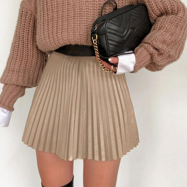 Pleated Faux Leather High-waiste Women's Mini Skirt Sexy Black Female Short Skirt 2021 New Spring Summer Fashion Ladies Bottoms
