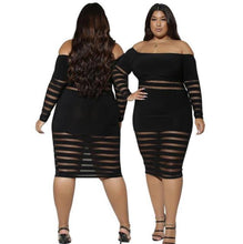 Load image into Gallery viewer, Plus Size 5 XL Women Long Sleeve Dresses Transparent Mesh Dress Slash Neck Off Shoulder Black Bodycon Dress High Quality