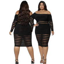 Load image into Gallery viewer, Plus Size 5 XL Women Long Sleeve Dresses Transparent Mesh Dress Slash Neck Off Shoulder Black Bodycon Dress High Quality