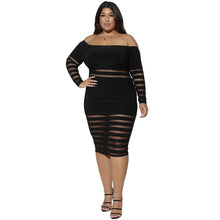 Load image into Gallery viewer, Plus Size 5 XL Women Long Sleeve Dresses Transparent Mesh Dress Slash Neck Off Shoulder Black Bodycon Dress High Quality