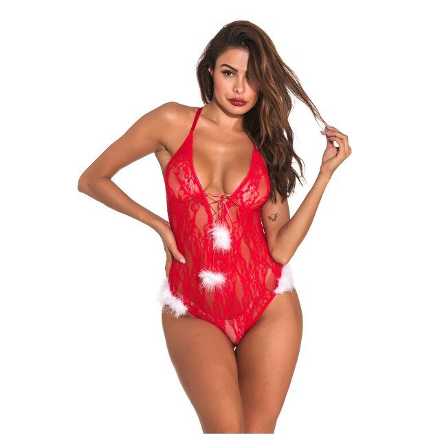 Plus Size Christmas Sexy Lingerie V-neck Lace Perspective Teddy Women Underwear Backless Erotic Lingerie Lenceria Sensual Mujer